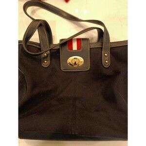 Chaps Black Tote Red White Stripe Clasp